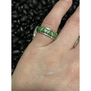 Native Sw Sterling Inlaid Green Mojave Fire Opal Stacker Ring~Size 4.5 Signed SM
